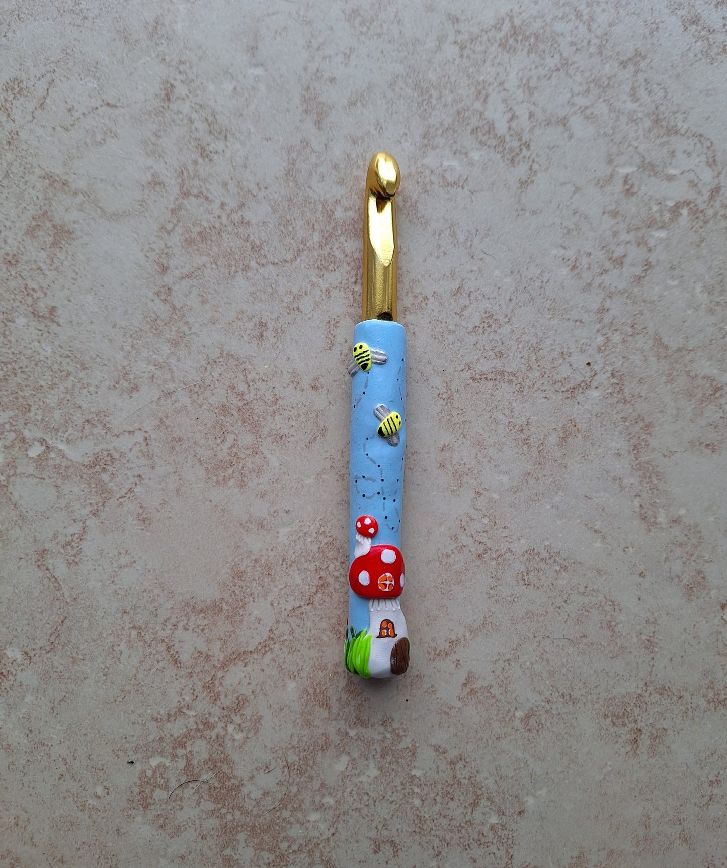 Polymer clay buzzing bee fairy toadstool house crochet hook