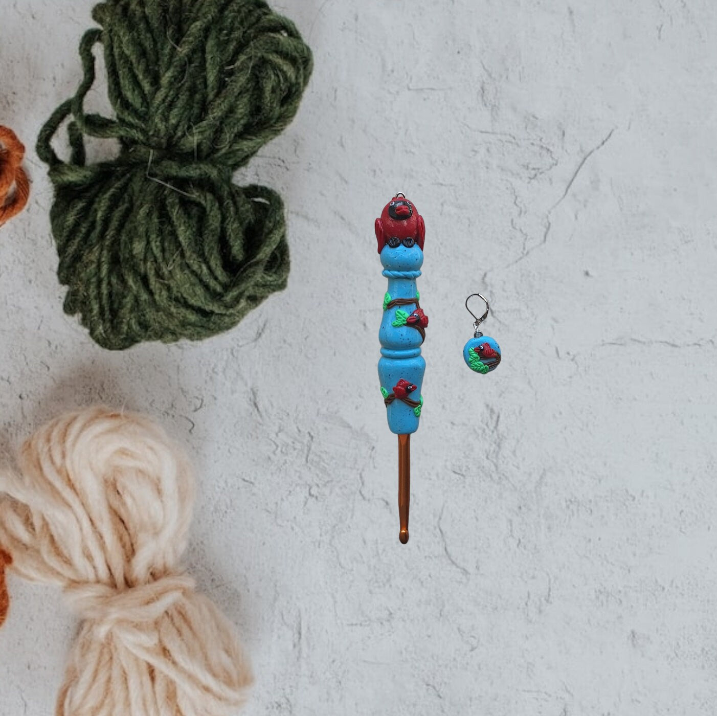Polymer clay cardinal bird on turquoise clay crochet hook