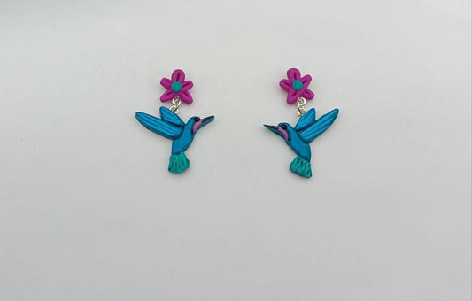 Kawaii floral humming bird earrings / polymer clay floral dangle earrings / clay hummingbird jewelry / floral hummingbird earrings