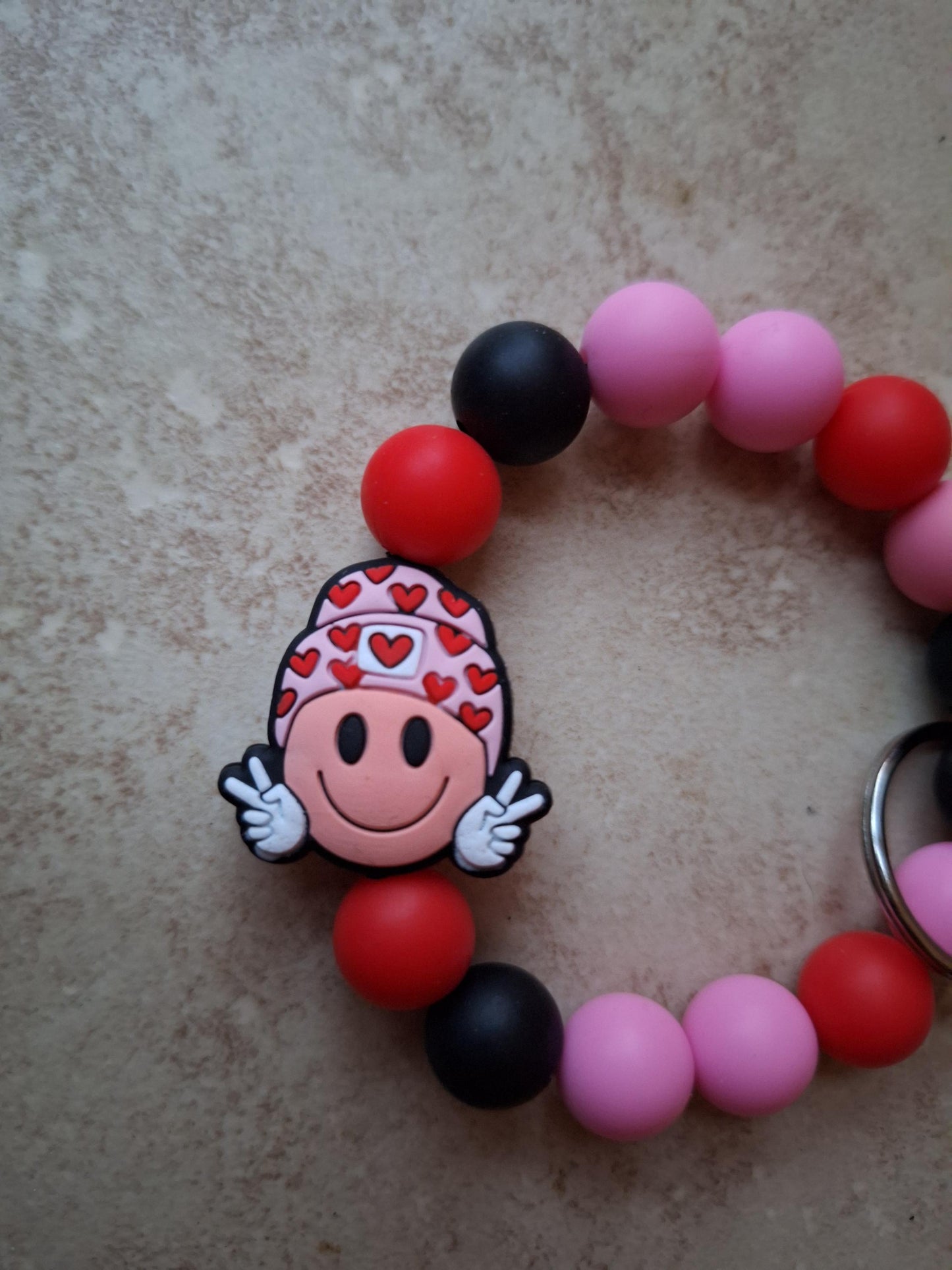 Silicone beaded wristlet keychain kawaii cute peace heart smiley with beanie silicone beaded wristlet keychain / bag accessories key chain