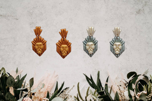 Kawaii art deco lion earrings / polymer lion stud dangle earrings / clay silver gold pearl lion jewelry / clay king of the Jungle earrings