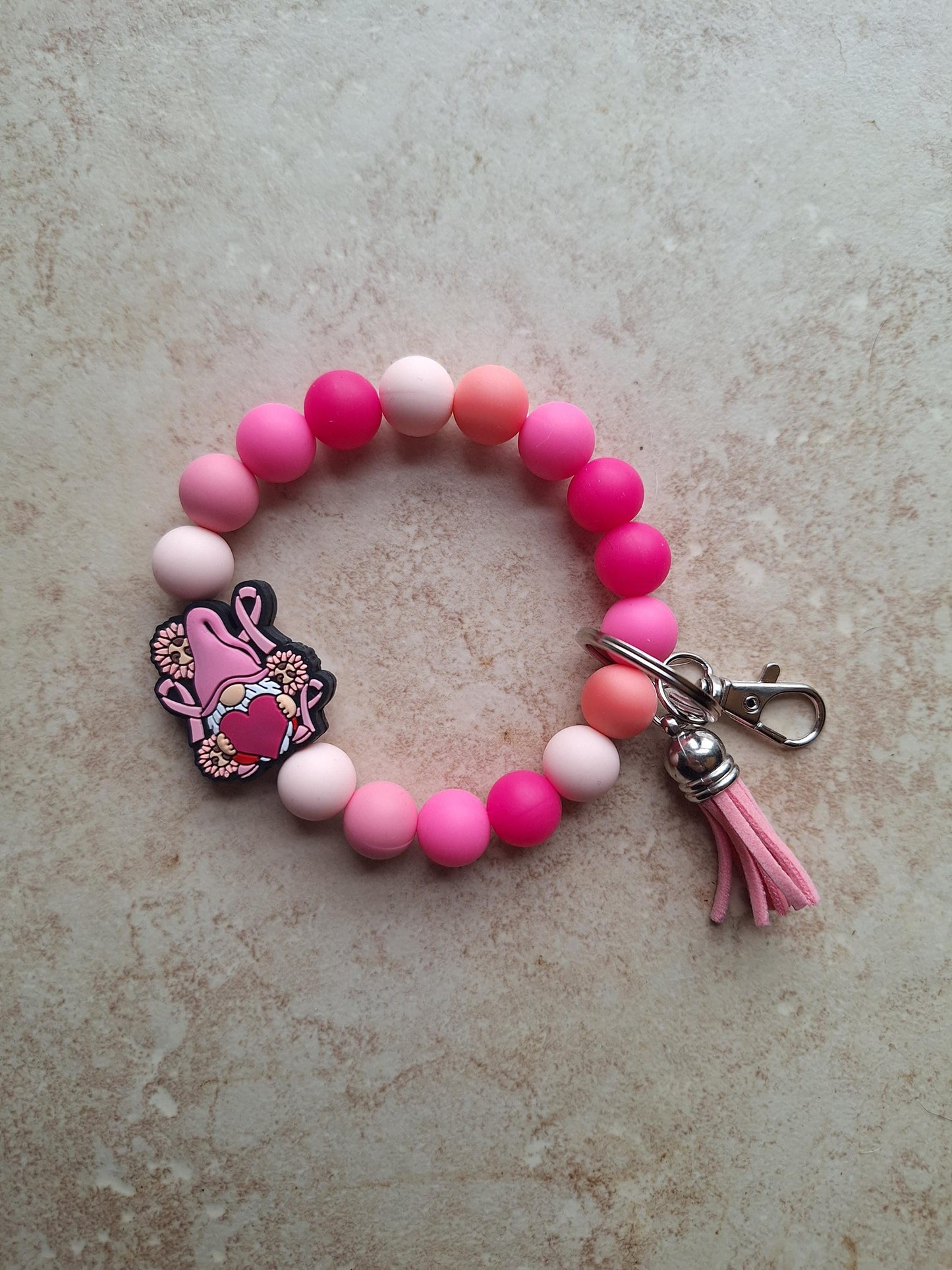 Silicone beaded wristlet keychain / breast cancer awareness ribbon silicone beaded wristlet keychain / gnome bag accessories key chain