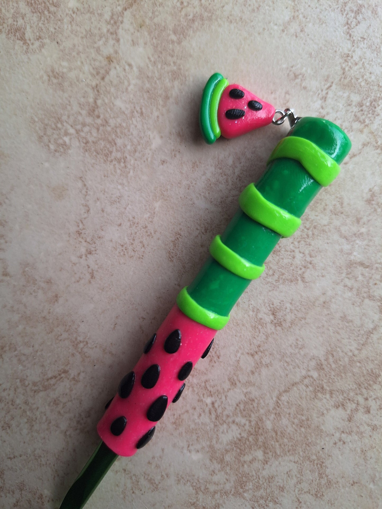 Polymer clay summer fruit watermelon crochet hook with stitch marker