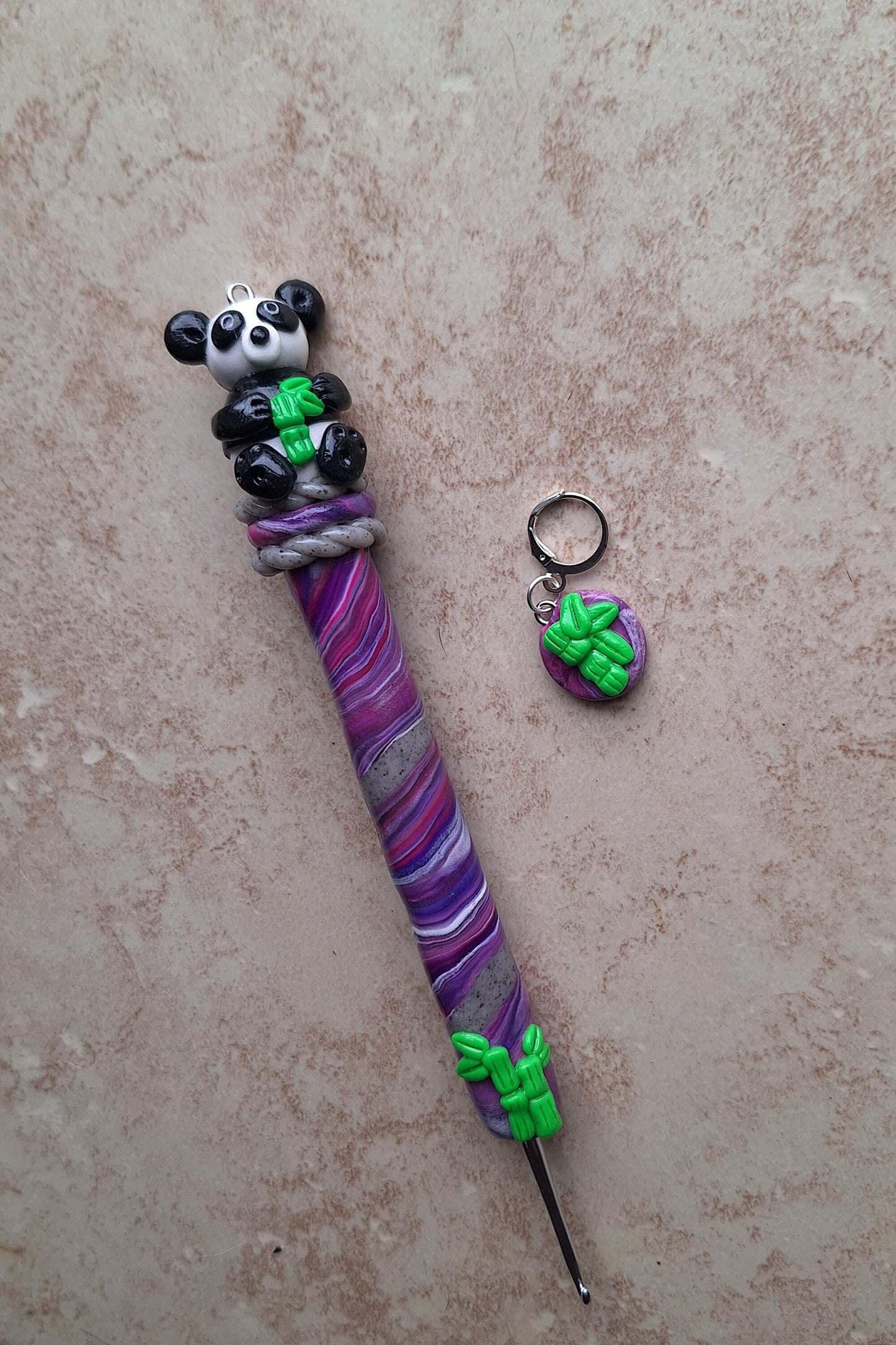 Polymer clay purple swirl panda bamboo crochet hook with stitch marker
