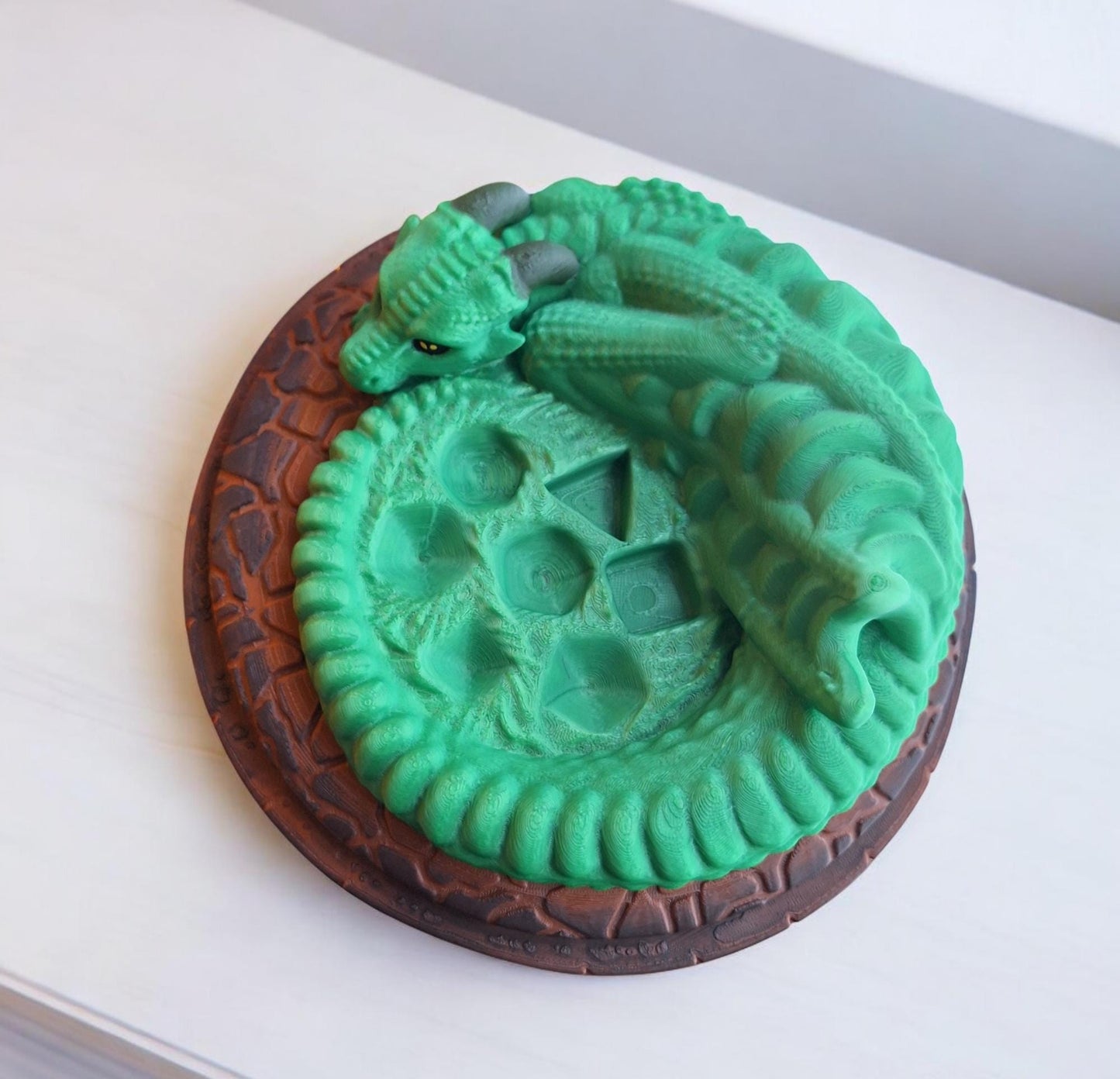 3D printed and painted dragon stone dice roller dice tower holder / 3d green dragon dice tower / 3d printed d20 dice tower roller