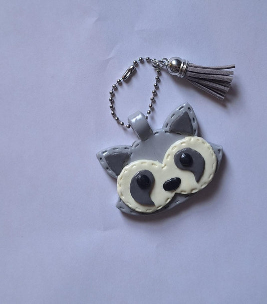 Polymer clay raccoon faux leather look stitch style keychain / cute clay raccoon bag accessories key chain