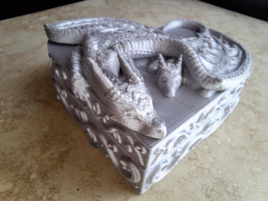 3D printed metallic silver dragon heart box / 3d dragon trinket jewelry box / 3d printed dragon knick knack organizer box