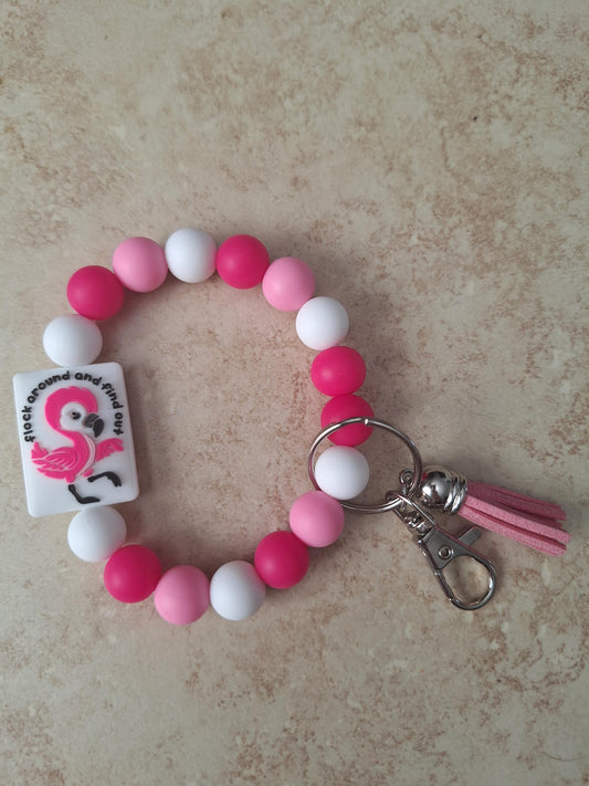 Silicone beaded wristlet keychain pink flamingo / flock around silicone beaded wristlet keychain / flamingo bag accessories key chain gift