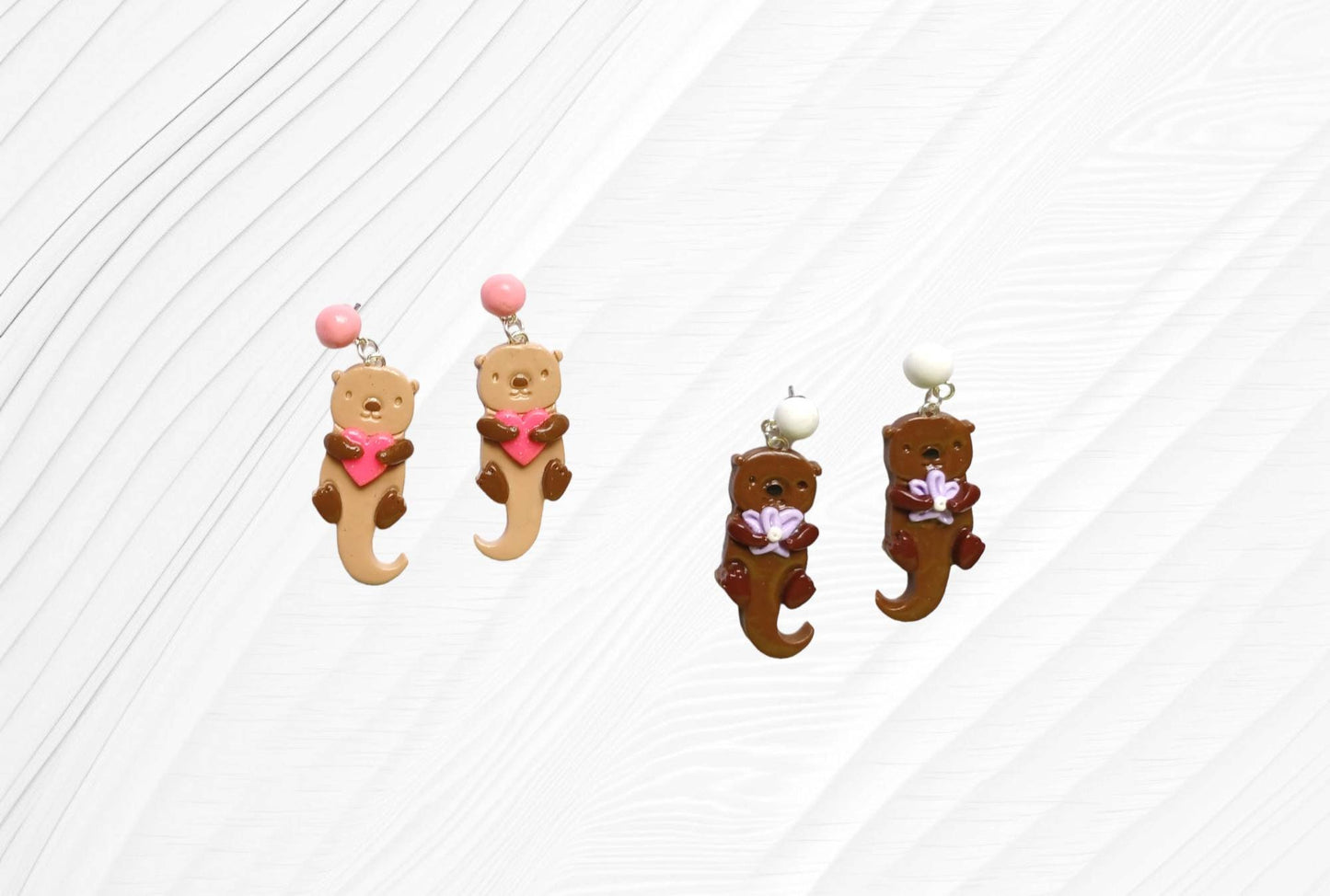 Kawaii otter earrings / polymer clay otter with heart earrings / kawaii floral jewelry / clay otter with flower earrings