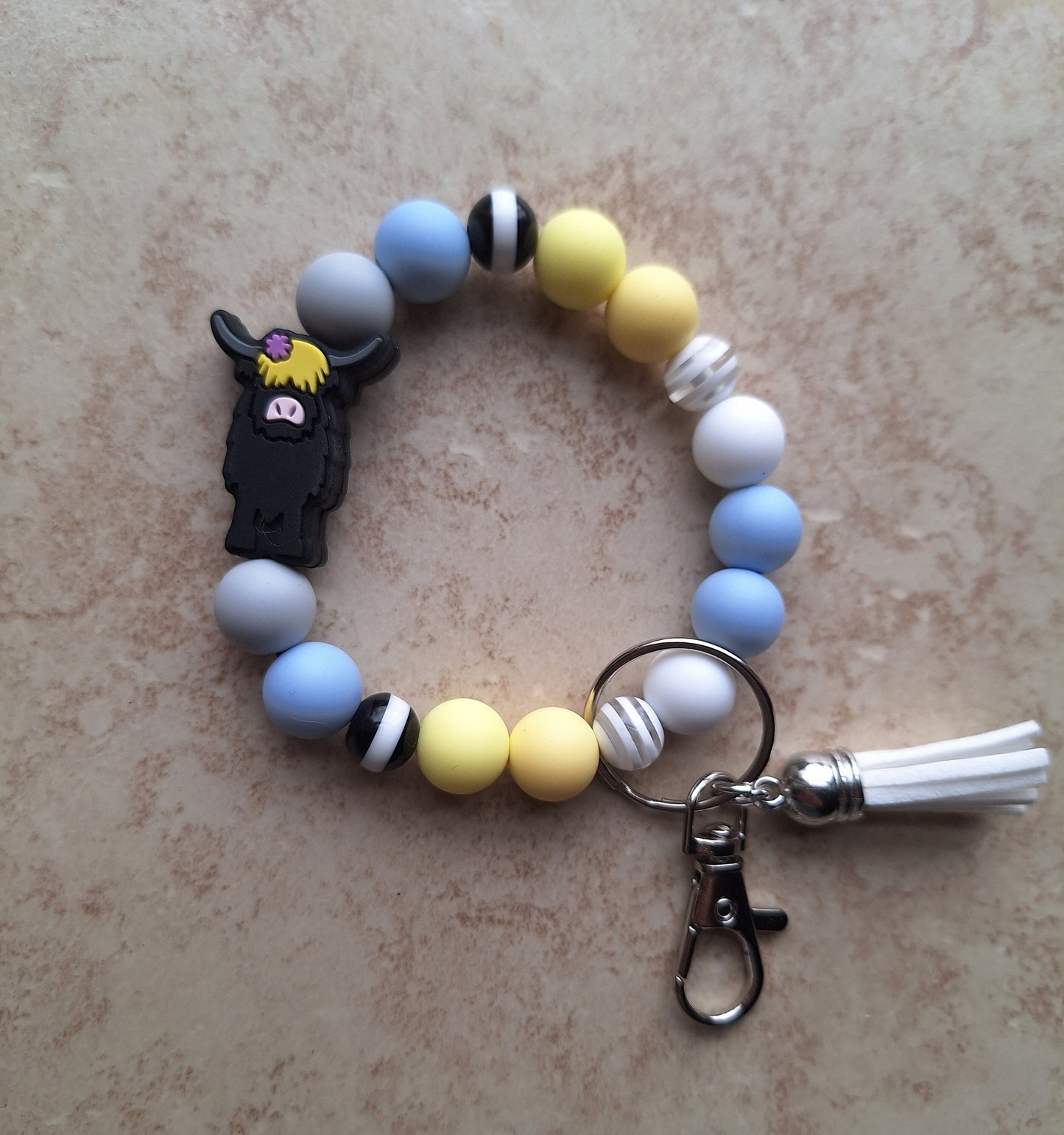 Silicone beaded wristlet keychain / tan brown highland cow silicone beaded wristlet keychain / floral cow bag accessory key chain gift