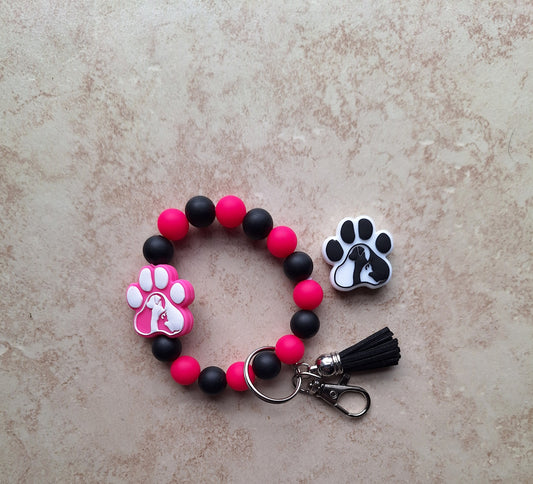 Silicone beaded wristlet keychain / dog mom silicone beaded wristlet pawprint keychain / animal silhouette bag accessories key chain gift