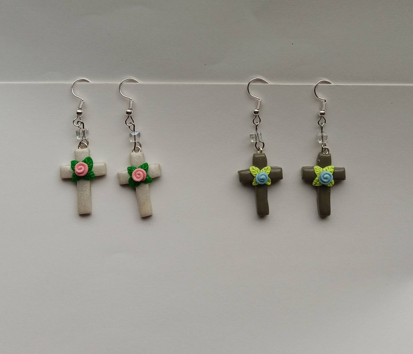 Kawaii floral cross earrings / polymer clay rose cross dangle earrings / clay faith Christian jewelry / floral rose cross earrings