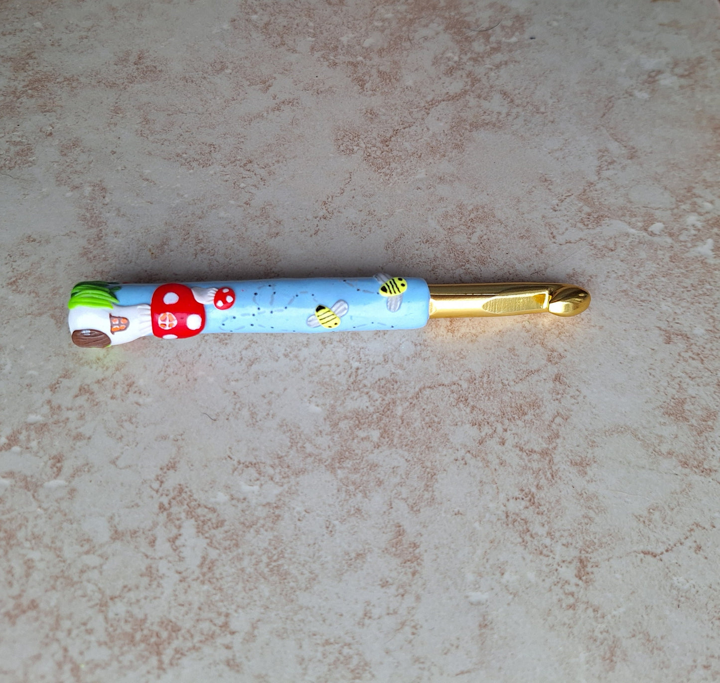 Polymer clay buzzing bee fairy toadstool house crochet hook
