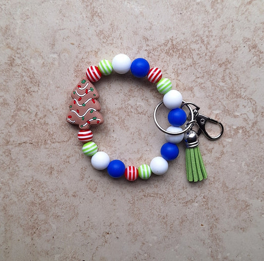 Silicone beaded wristlet keychain / winter christmas beaded wristlet tree keychain / Christmas tree cookie bag accessories key chain gift