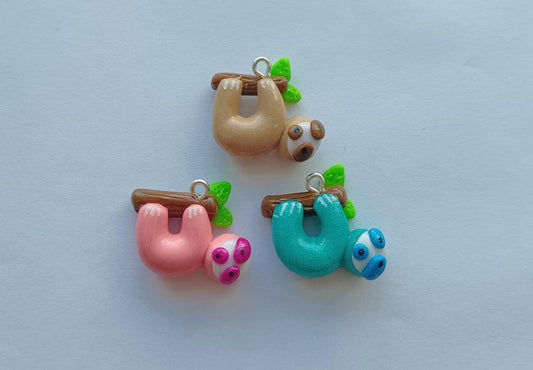 Kawaii sloth charms / polymer clay sloth with branch charms / kawaii animal charms / kawaii sloth jewelry