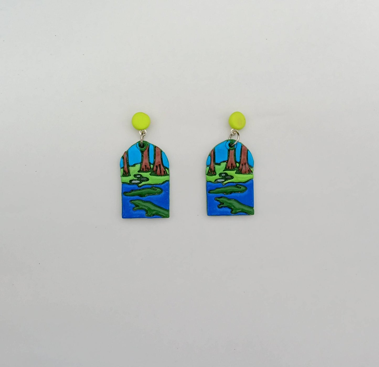 Kawaii alligator crocodile earrings / polymer clay everglades landscape dangle earrings / clay croc gator jewelry / landscape trees earrings