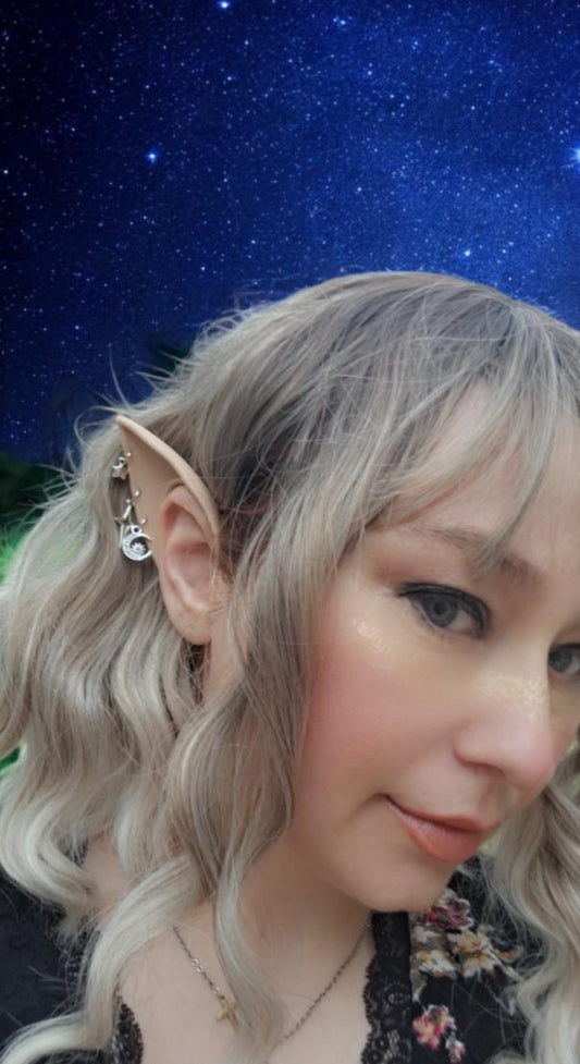Celestial moon and stars rubber fairy pixie elf ears / halloween costume accessory cosplay elf ears / painted elf ears with earrings