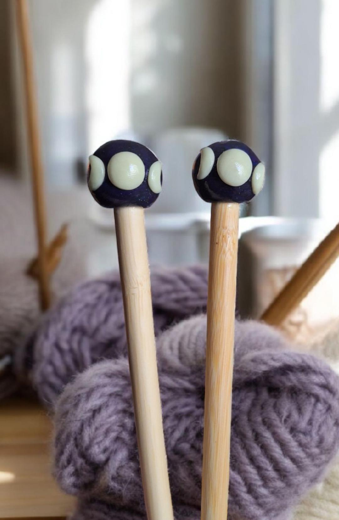 Set of 2 glow moon phase knitting needles / polymer clay knitting needles / decorative glow moon knitting needles accessory