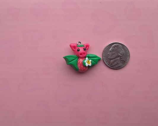 Kawaii pink strawberry bat charm / polymer clay holiday charms / clay charm jewelry / bat charm stitch marker progress keeper
