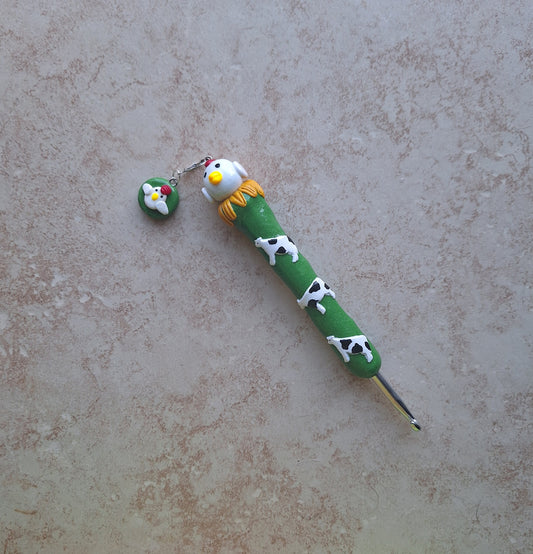 Polymer clay cute cow chicken crochet hook with stitch marker