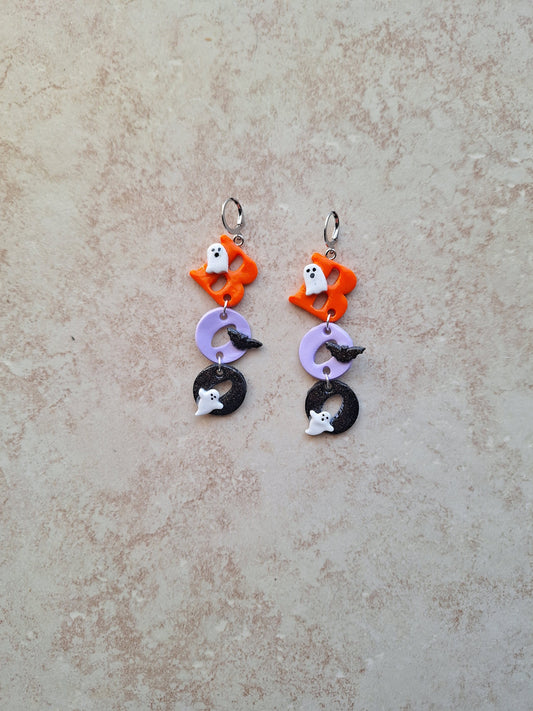 Kawaii clay dangle BOO ghost bat earrings / polymer clay dangle stud earrings / bat ghost Halloween holiday jewelry / boo earrings