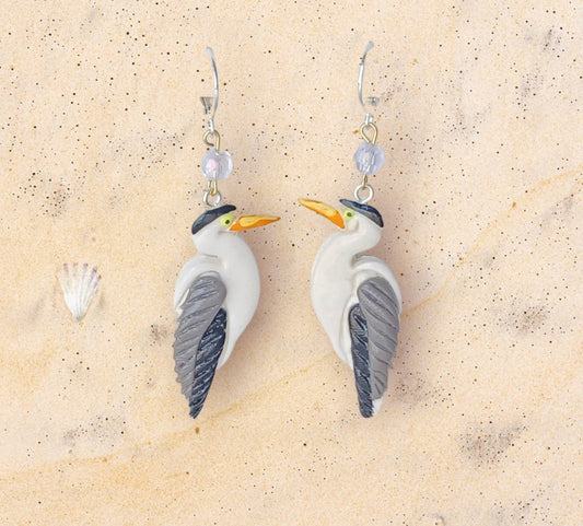 Kawaii blue heron earrings / polymer clay blue heron crane dangle earrings / kawaii bird jewelry / clay bird jewelry