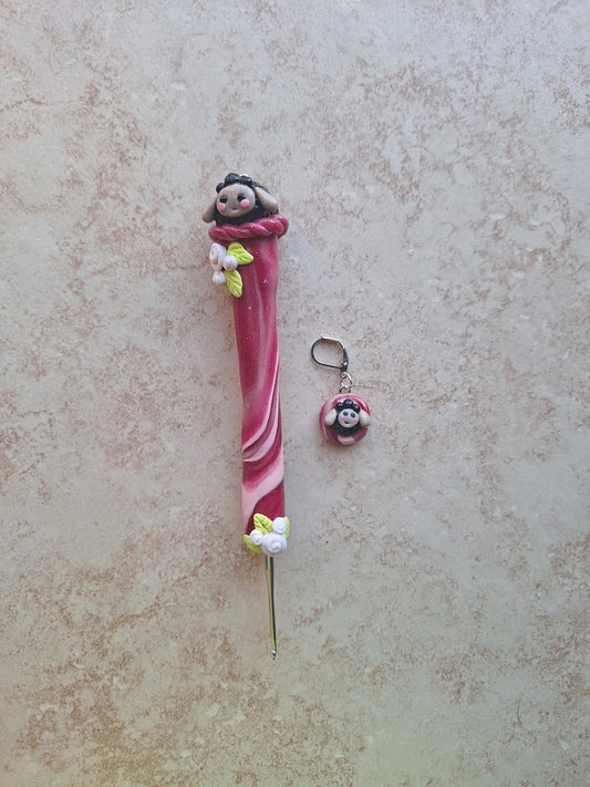 Polymer clay cute black sheep crochet hook with stitch marker
