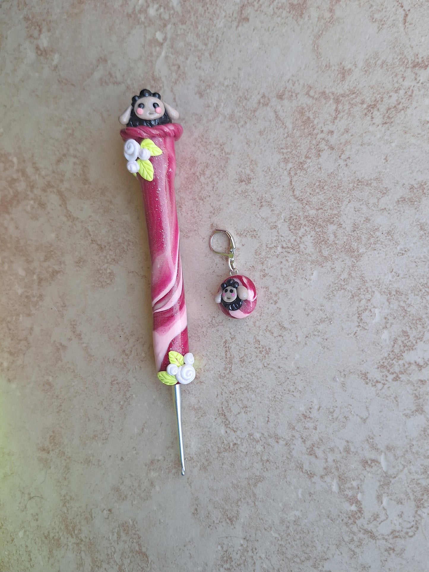 Polymer clay cute black sheep crochet hook with stitch marker