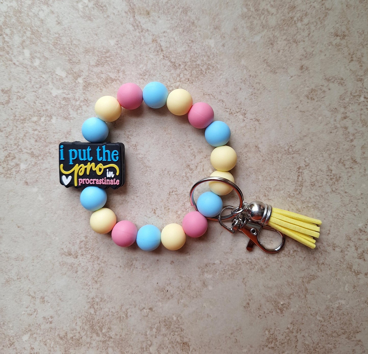 Silicone beaded wristlet keychain I put the pro in procrastination / silicone beaded wristlet keychain / bag accessories key chain gift