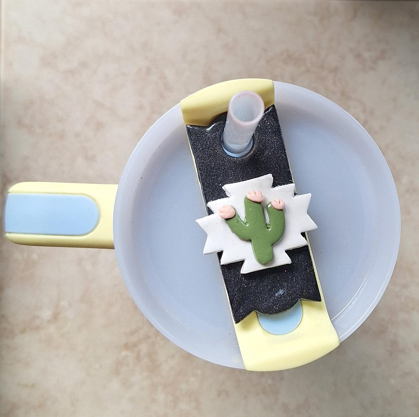 Polymer clay straw tag tumbler topper / clay tumbler accessories / plant lover tumbler topper straw tag / Aztec cactus tumbler accessories