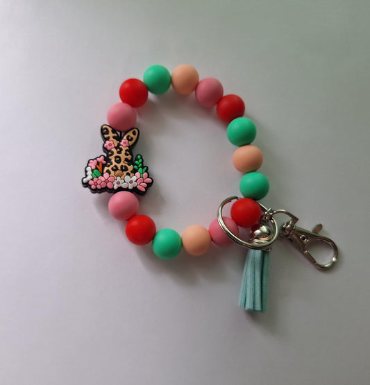 Silicone beaded wristlet keychain / leopard print floral bunny silicone beaded wristlet keychain / Easter faith bag accessories key chain