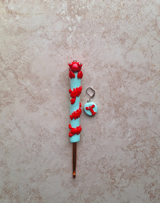 Polymer clay lobster on mint nautical crochet hook with stitch marker
