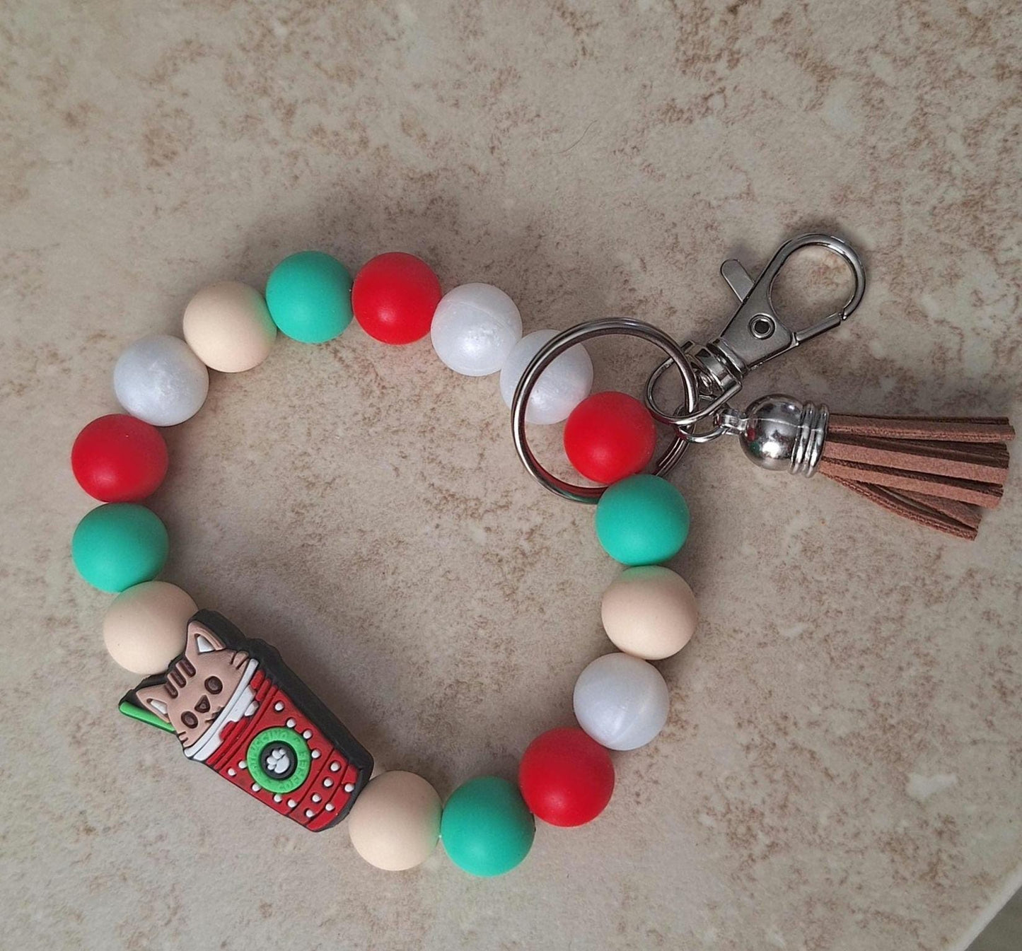 Silicone beaded wristlet keychain cat coffee cup / holiday silicone beaded wristlet keychain / kitty cat bag accessories key chain gift