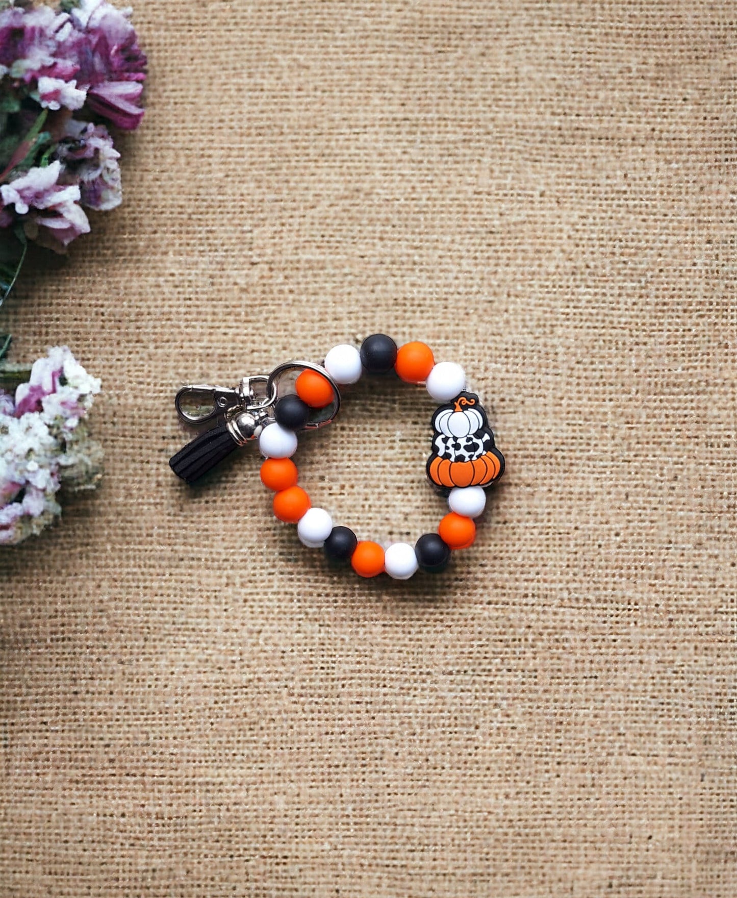 Silicone beaded wristlet keychain / fall halloween beaded wristlet ghost keychain / pumpkin cow print bag accessories key chain gift