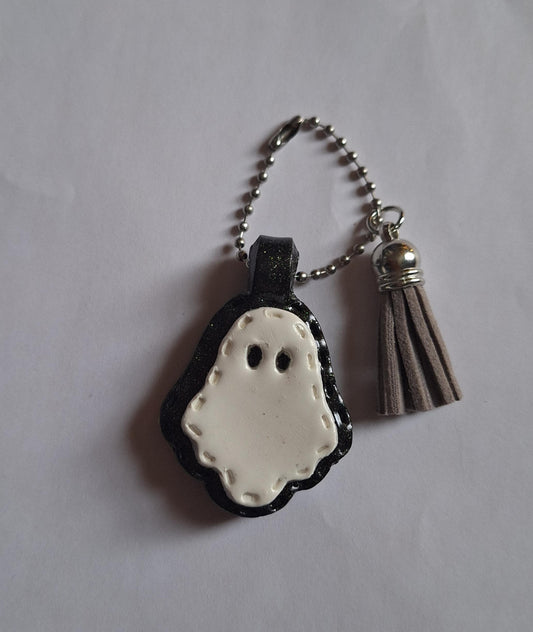 Polymer clay ghost faux leather look stitch style keychain / cute clay boo ghost halloween bag accessories spooky key chain