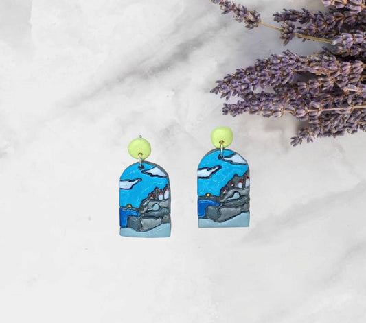 Kawaii landscape skyline earrings / polymer clay acadia national park dangle earrings / clay Acadia jewelry / landscape trees earrings