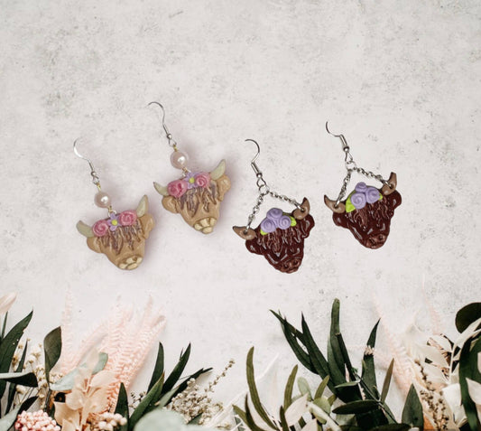 Kawaii floral cow earrings / polymer clay highland cow earrings / kawaii animal jewelry / floral earrings / floral Highland cow earrings