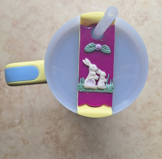 Polymer clay straw tag tumbler topper / clay tumbler accessories / floral bunny tumbler topper straw tag / animal rabbit tumbler accessories