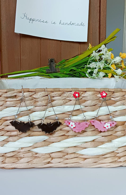 Kawaii halloween pumpkin bat earrings / polymer clay holiday earrings / kawaii pink flower bat jewelry / clay black glitter earrings