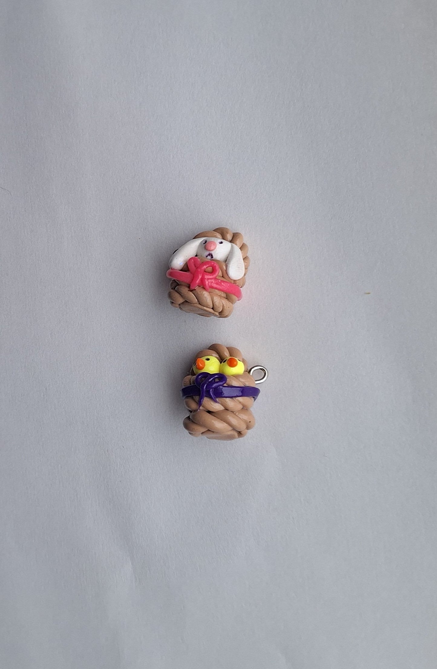 Kawaii chics in basket charms / polymer clay baby chicken charms / bunny in basket easter charms / kawaii chic bunny jewelry stitch marker