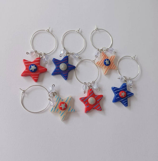 Set of 6 Red white blue star wine charms / 4th of July wine charms / patriotic wine charms / set of 6 polymer clay wine charms