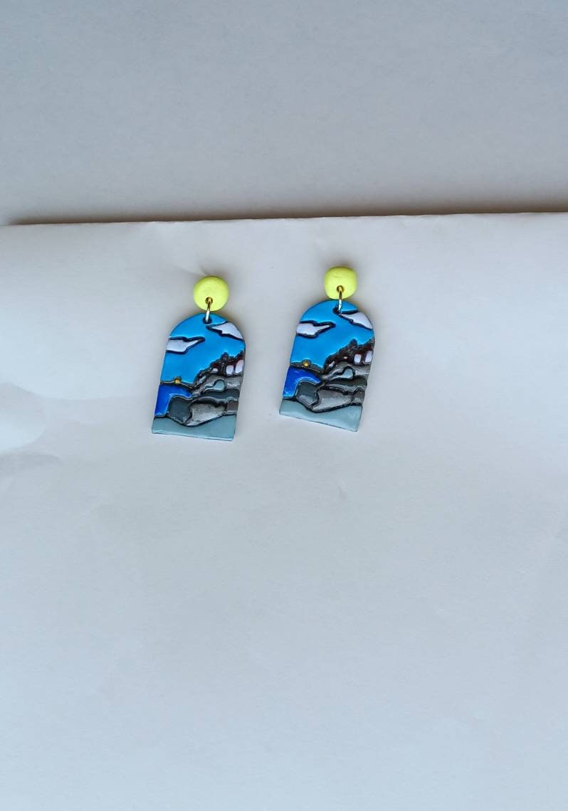 Kawaii landscape skyline earrings / polymer clay acadia national park dangle earrings / clay Acadia jewelry / landscape trees earrings