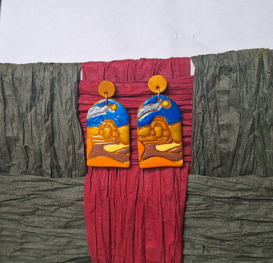 Kawaii scenery vacation spot earrings / polymer clay Arches landscape dangle earrings / clay national park jewelry trees earrings