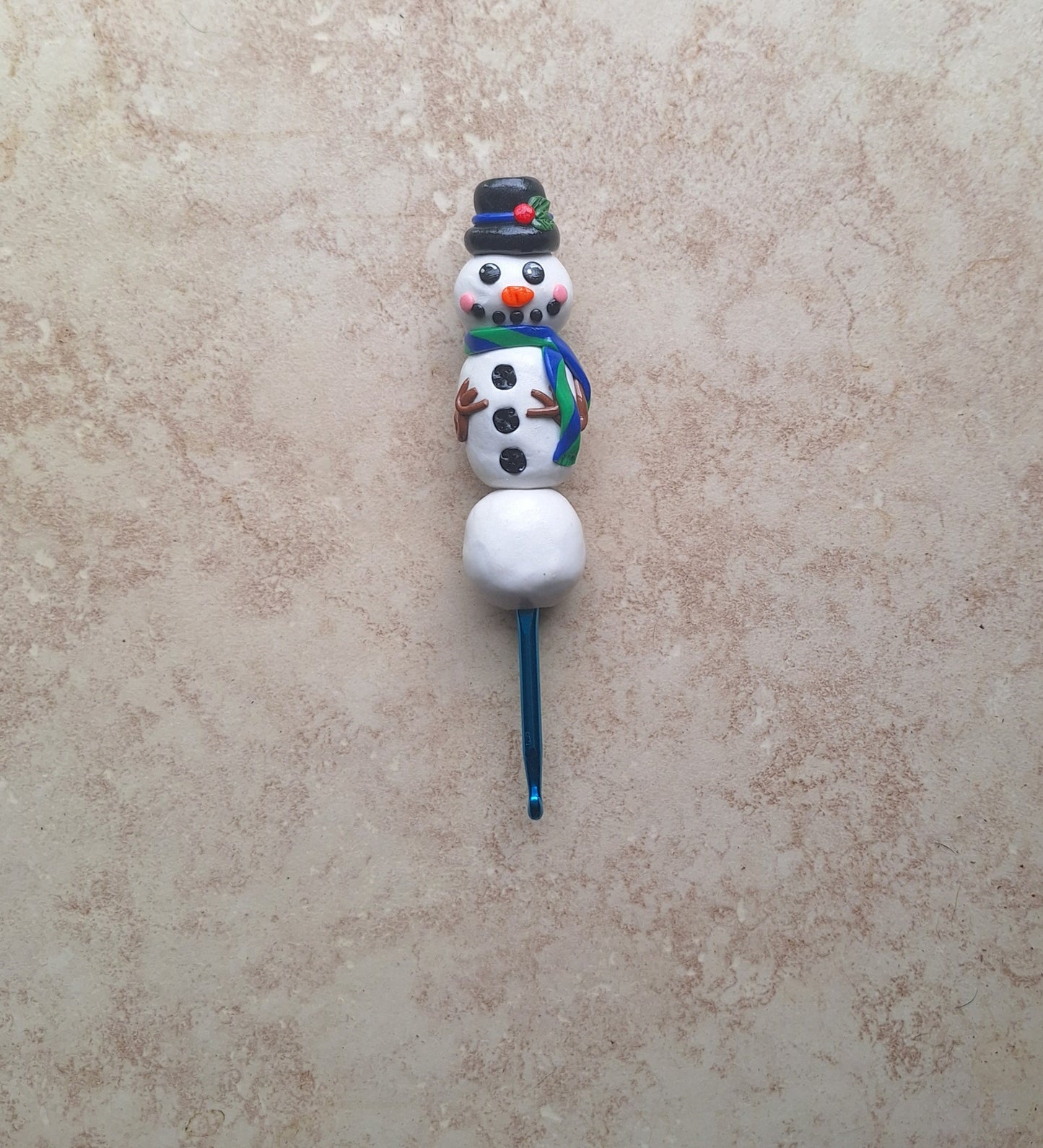 Polymer clay holiday top hat snowman crochet hook