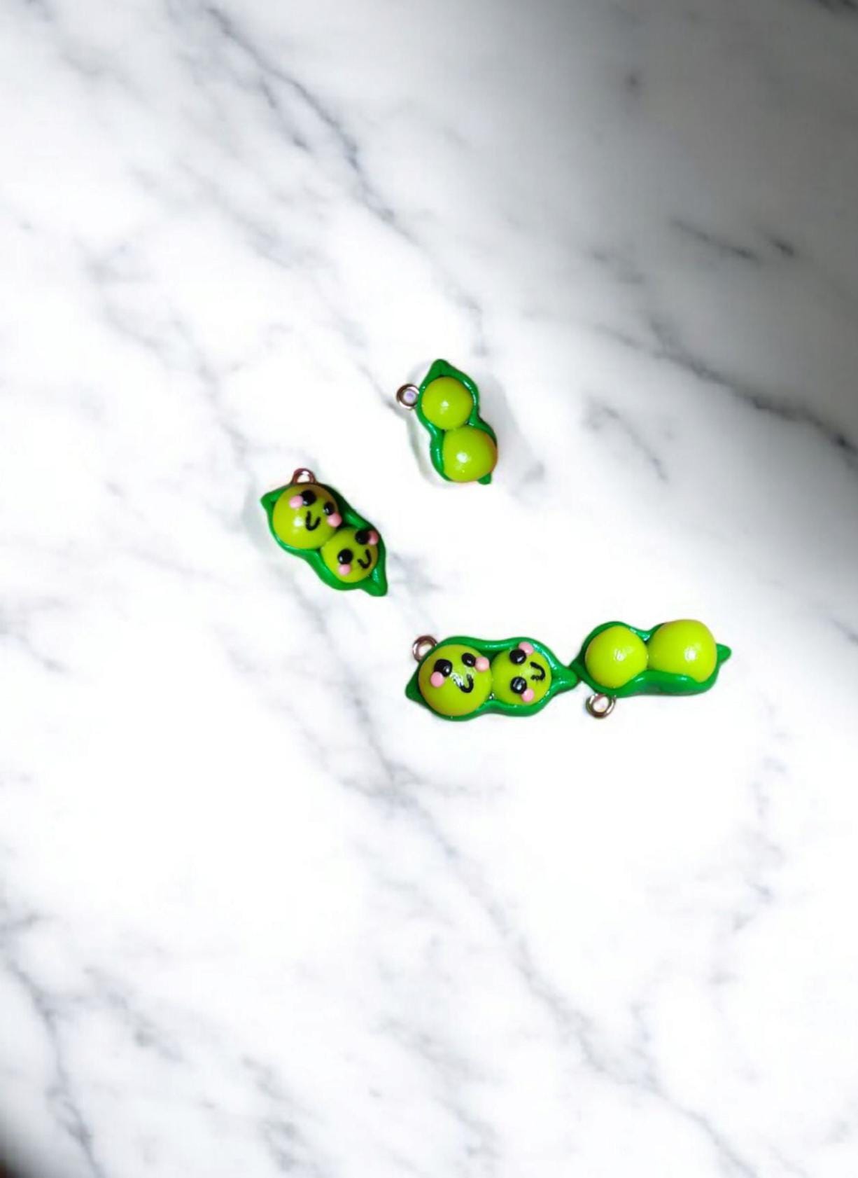 Polymer clay peas in a pod charms / cute kawaii clay pea pod food charms jewelry stitch marker progress keeper notions