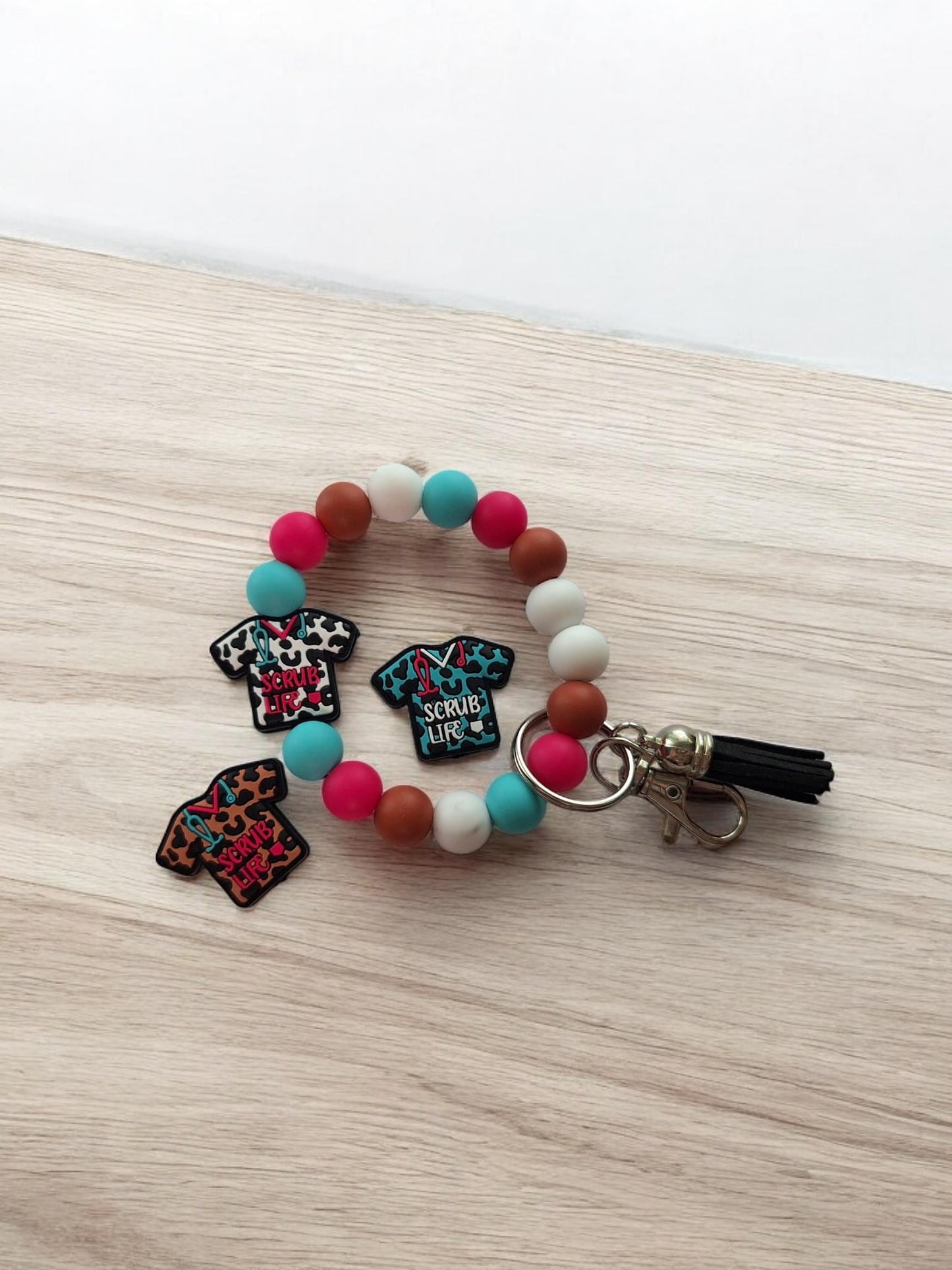 Silicone beaded wristlet keychain / scrub life nurse medical assistant silicone wristlet keychain / leopard print bag accessories key chain