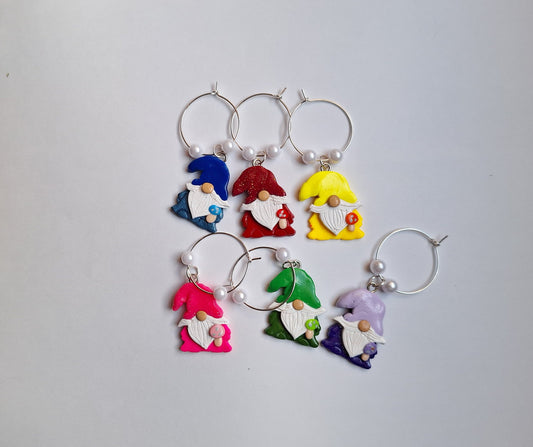 Set of 6 gnome mushroom wine charms / fairy toadstool wine charms / 6 set polymer clay colorful gnome wine charms