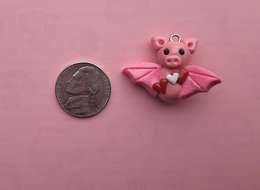 Kawaii clay pink heart bat charm / polymer clay holiday charms / clay charm jewelry / valentine bat charm stitch marker progress keeper
