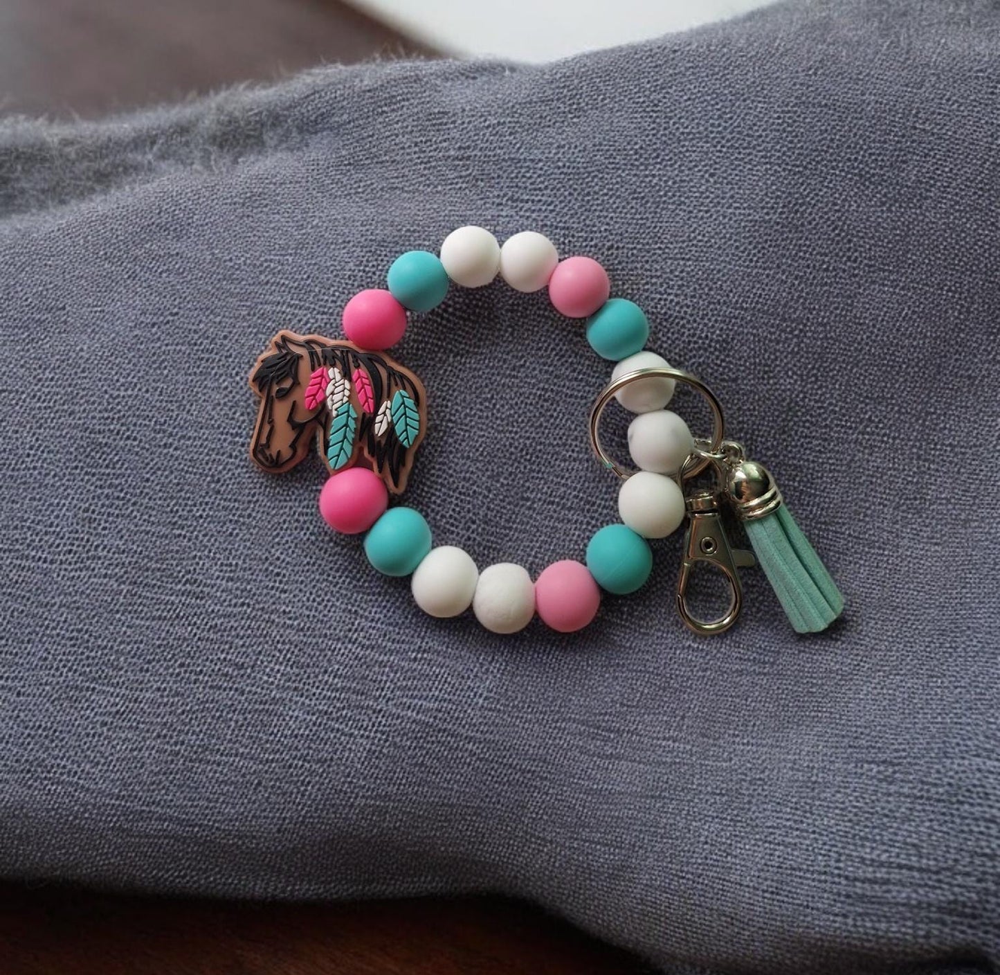 Silicone beaded wristlet / colorful horse with feathers silicone beaded wristlet keychain / country western bag accessories key chain