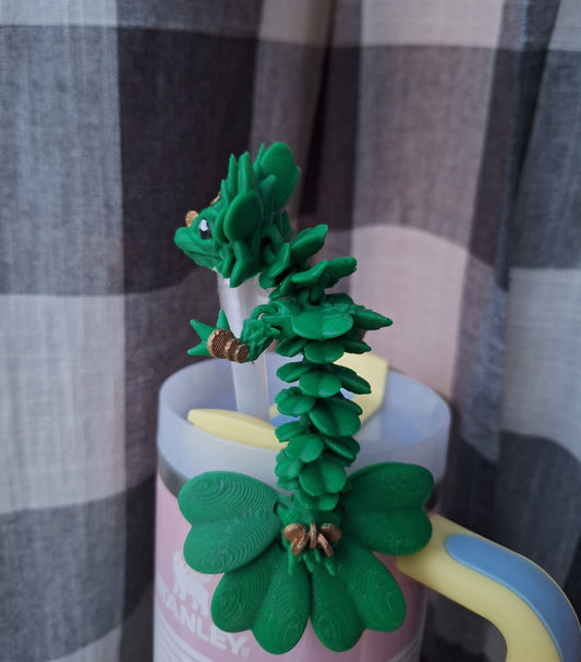 3D articulated clover dragon straw cap / 3d printed dragon animals / st patricks day lucky gold tadling straw topper cover Fidget figurines